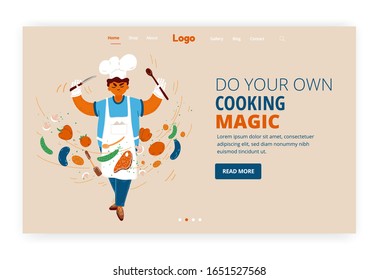 Vector cartoon Landing Page Template illustration of home and small restaurant male man cook concepts. Boy cook conducting food creating process with serious face expression