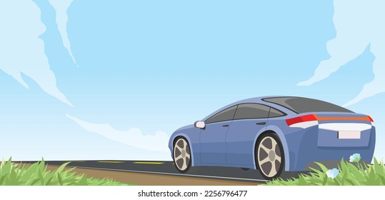 Vector cartoon landscape of asphalt road on wide open field. Swaying blade of grass in front of him. Blue passenger car drives forward to travel in the summer. Emptry of blue sky with free space. 