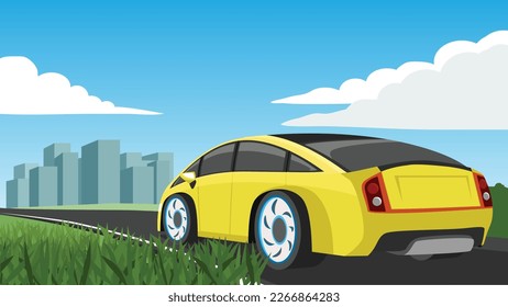 Vector cartoon landscape of asphalt road on wide open field. Yellow passenger car Electric Vehicle drives forward to the city. Background under blue sky with free space. and separate layers.