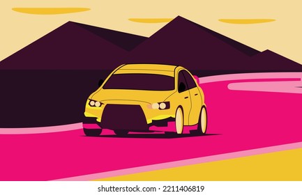Vector cartoon landscape of barren desert with long highway. Car rides along asphalt road