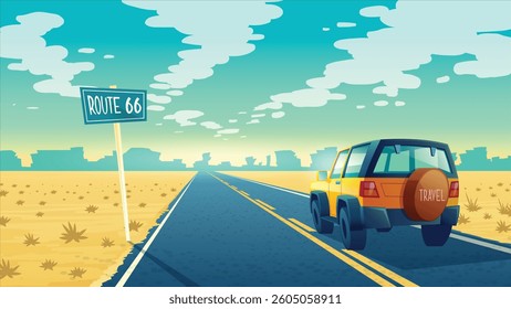Vector cartoon landscape of barren desert with long highway. Car rides along asphalt road to canyon. Route 66, roadway with pointer, skyline . Travel concept background