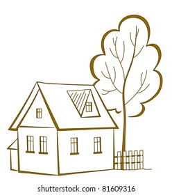 Vector cartoon, landscape: country house with a tree, monochrome symbolical pictogram