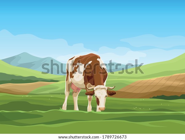 Vector Cartoon Landscape Cow On Green Stock Vector (Royalty Free ...