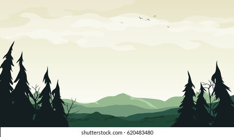 Vector cartoon landscape with green silhouettes of hills, land, coniferous trees and branches in the foreground and flying birds in the sky