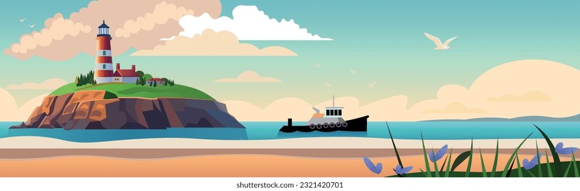 Vector cartoon landscape with a lighthouse on an island, sand beach, fishing boat in the sea. Banner, nature background