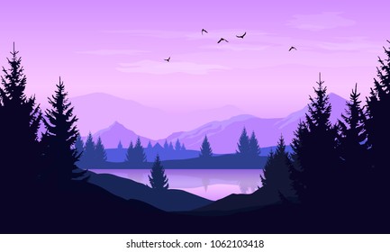 Vector cartoon landscape with purple silhouettes of trees, mountains and lake