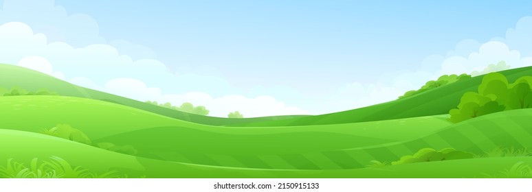 Vector Cartoon Landscape, Seasons Hills, Grass Field, Farm Background. Cute And Bright Countryside, Green Grassland, Outdoor Design.