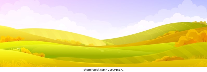Vector cartoon landscape, seasons hills, grass field, farm background. Cute and bright countryside, green grassland, outdoor design.