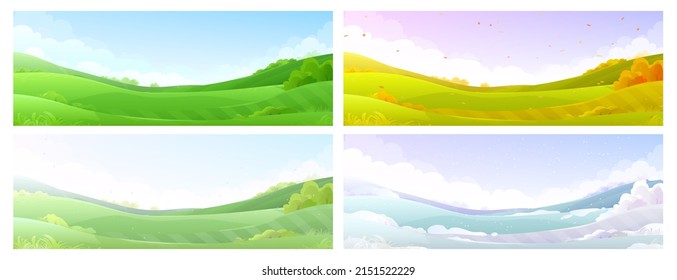 Vector cartoon landscape, seasons hills, grass field, farm background. Cute and bright countryside, green grassland, outdoor design.