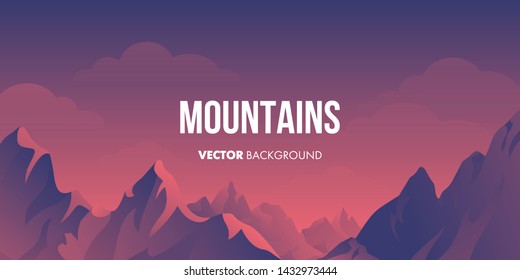 Vector cartoon landscape with silhouettes of mountains and clouds