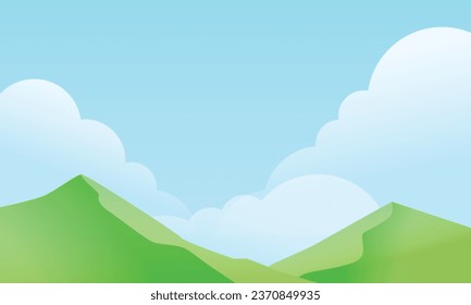 Vector cartoon landscape summer green fields view spring lawn hill and blue sky.
