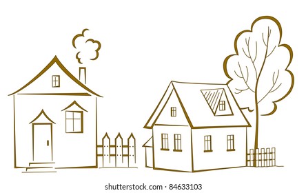 Vector cartoon, landscape: two houses with a tree, monochrome symbolical pictogram