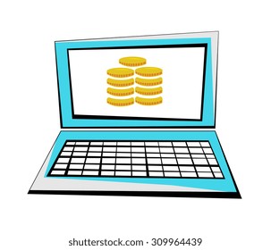 Vector cartoon of a laptop with coins on the screen