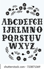 Vector cartoon Latin serif alphabet vector, typography design. Set of latin letters. Poster with latin abc made in retro west style. Vintage Black and white typeface decorated with flowers.