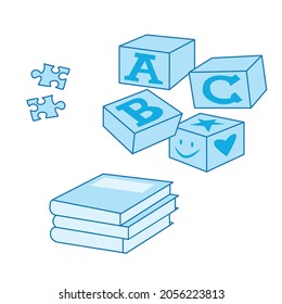 Vector Cartoon learning Line art, drawing illustration of a cubes with alphabet, puzzle and books.