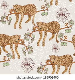 vector cartoon  leopard sleeping on a branch