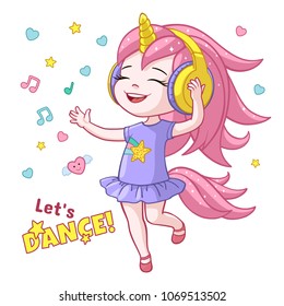 Vector cartoon lets dance poster with cute girl kid dancing in headphones wearing unicorn horn, pink tail, smiling. Isolated white background illustration with stars, hearts music notes