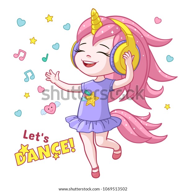 ベクター漫画では ピンクの尻尾をつけたユニコーンのヘッドフォンを着て かわいい女の子が踊るポスターを作り にこにこして踊る 星と白い背景イラスト ハート音楽ノート のベクター画像素材 ロイヤリティフリー