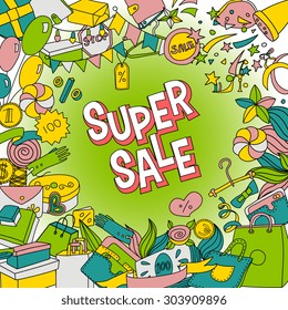 Vector cartoon lettering Super Sale in doodle style