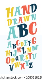 Vector cartoon letters ABC set of colorful stylized font and brush alphabet. Hand drawn slanted typeface in differet lyer