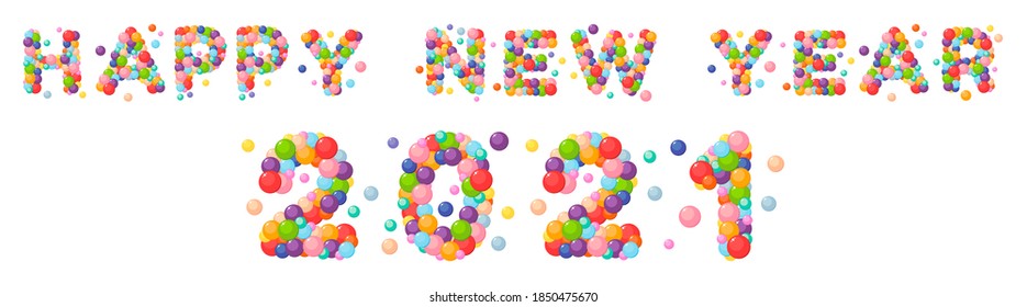 Vector Cartoon Letters Happy New Year 2021 For Kids Of The Colored Balls. Merry Christmas.