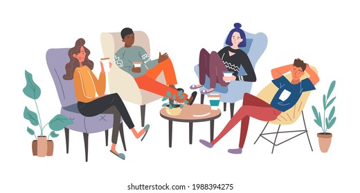 Vector cartoon lifestyle illustration of meeting 4 friends or coworkers drinking coffee. They are sitting on armchairs in some isolated workspace decorated by plants and a coffee table.