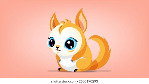 Vector de dibujos animados de jengibre ligero inusual fantástico pequeño lindo animal kawaii. Ardilla bebé de ojos grandes. Roedor cariñoso y bonito sentado con cola.