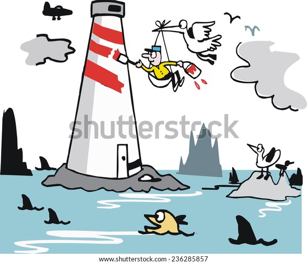 Vector\
cartoon of lighthouse keeper with paintbrush doing dangerous \
maintenance work on lighthouse. He is suspended in a sling held by\
a stork, above an ocean with sharks and rocks.\
