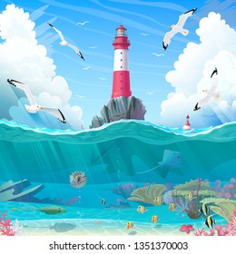 Vector Cartoon Lighthouse Sea Port Nautical Clipart