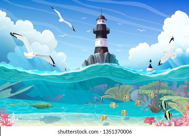 Vector Cartoon Lighthouse Sea Port Nautical Clipart