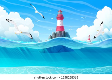 Vector Cartoon Lighthouse Sea Port Nautical Clipart