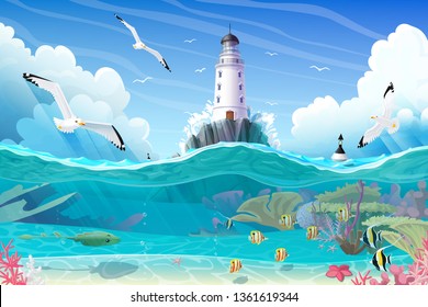 Vector Cartoon Lighthouse Sea Port Nautical Clipart