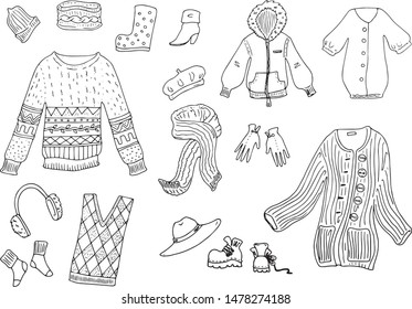 Vector cartoon line art contour hand drawing autumn clothes set collection woman fashion wooly knitting details outerwear pattern 