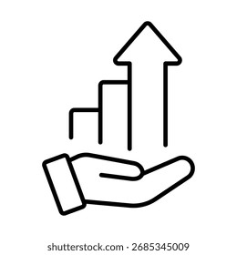 Ícone da arte em linha de desenhos animados vetoriais de uma mão humana segurando um gráfico de barras ascendente com uma seta para cima, simbolizando o crescimento dos negócios, o sucesso financeiro, o lucro e a análise isolados no fundo branco.