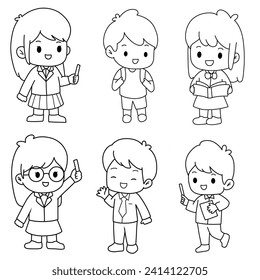 vector cartoon line art of students studying, back to school