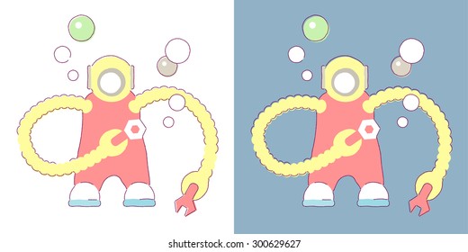 Vector cartoon line illustration, diver with tools. Isolated on white, isolated on gray, also looks good on any color background.