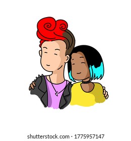 vector cartoon linear drawing with color of a pair of sweetheart guy and girl with non-standard appearance who hug each other on a white background