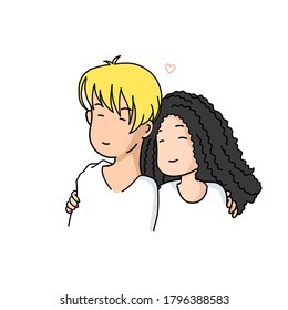 vector cartoon linear drawing with color of a pair of sweetheart guy and girl who hug each other on a white background
