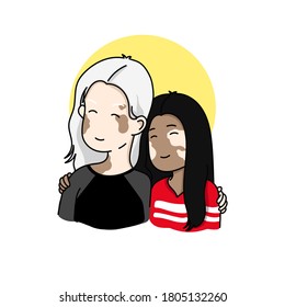 vector cartoon linear drawing with color of a pair of sweetheart guy and girl with vitiligo who hug each other on a white background