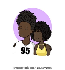 vector cartoon linear drawing with color of a pair of sweetheart guy and girl who hug each other on a white background