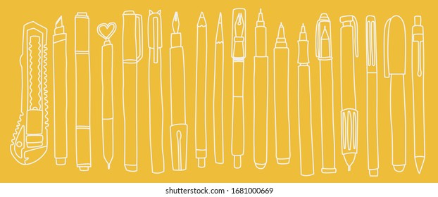 Vector cartoon linear set with pens and pencils and sketching supplies isolated on yellow background. Ink, graphic. Handraw doodle style. Different staff for school and office and art. Scandinavian.