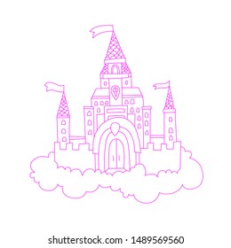 vector cartoon lined illustration of pink princess magic castle in clouds. pink princess magic castle in blue clouds, with flags and torrets, pastel pink color. Cute line cartoon princess castle