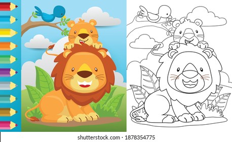 Vector cartoon of lion and it cub on blue sky background, a bird perch on tree branches, coloring book or page