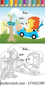 Vector cartoon of lion driving car in little town, coloring book or page