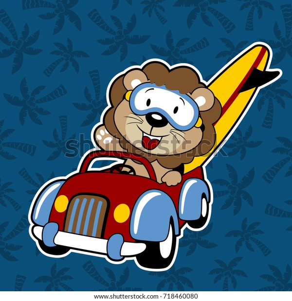 vector cartoon of lion driving a car\
carrying surfboard on coconut tree background\
pattern