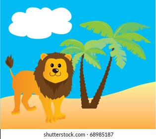 vector cartoon lion with palms, clouds at the background