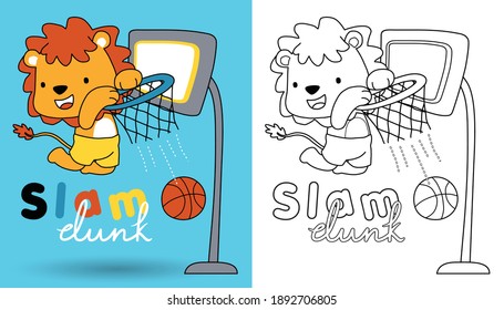 Vector cartoon of lion playing basketball, coloring book or page for kids