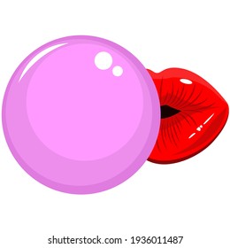 Vector Cartoon Of Lips Blowing Blue Bubble Gum