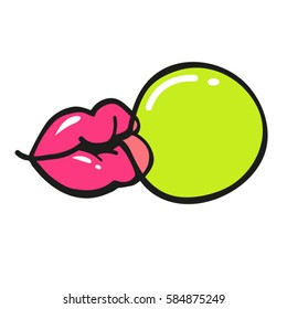 vector cartoon of lips blowing bubble gum