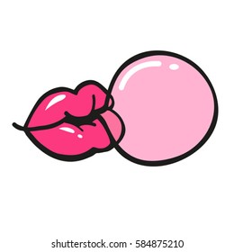 Vector Cartoon Of Lips Blowing Pinky Bubble Gum